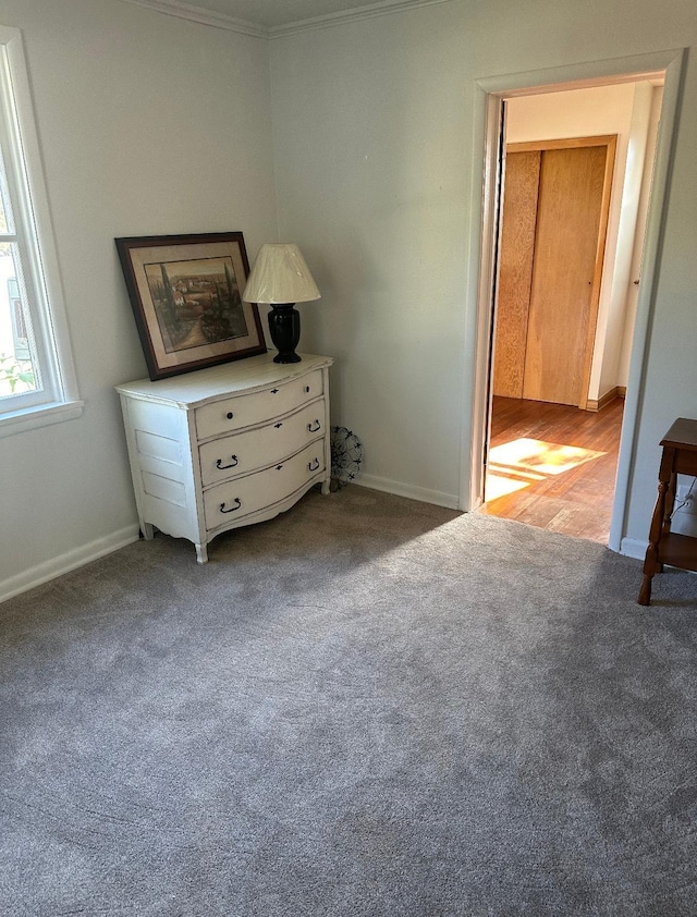 carpeted bedroom featuring crown molding