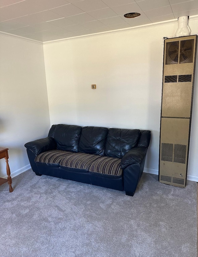 carpeted living room with crown molding