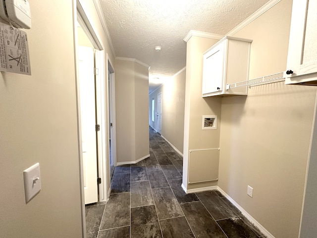 corridor with a textured ceiling, ornamental molding, and dark hardwood / wood-style flooring