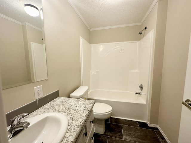 full bathroom featuring tub / shower combination, a textured ceiling, vanity, and toilet