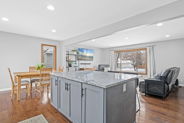 kitchen featuring gray cabinets, open floor plan, and dark wood-style flooring