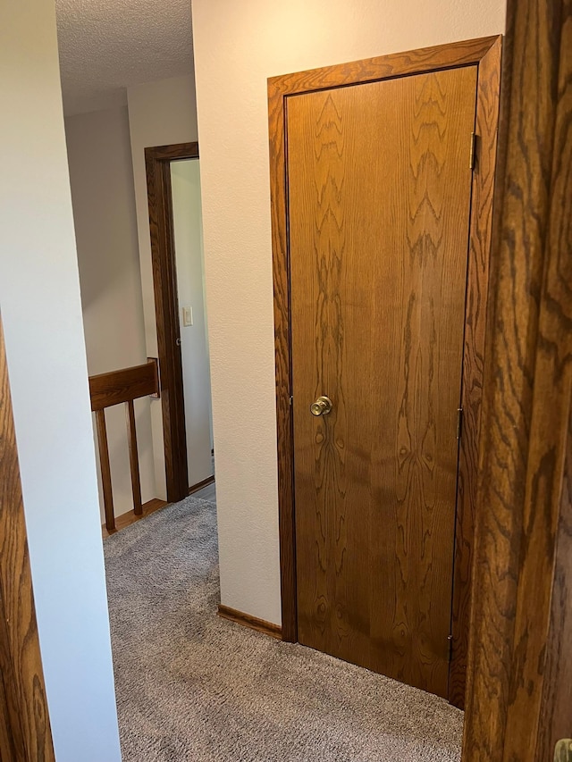 hall featuring carpet and a textured ceiling