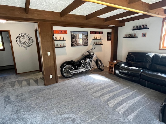 carpeted living room featuring beam ceiling and indoor bar