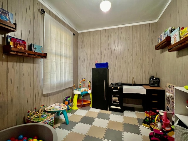 recreation room featuring ornamental molding and wooden walls