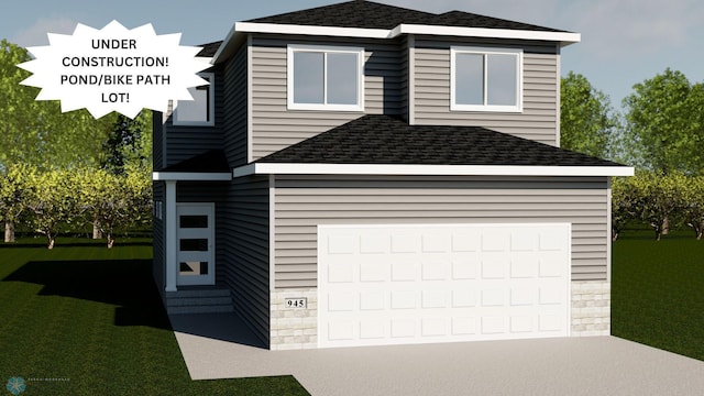 view of front facade featuring a garage, a front yard, a shingled roof, and driveway