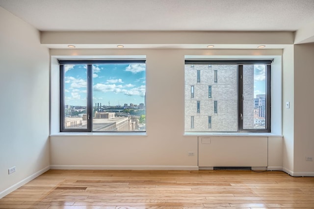 unfurnished room featuring light hardwood / wood-style flooring, a wealth of natural light, and a textured ceiling