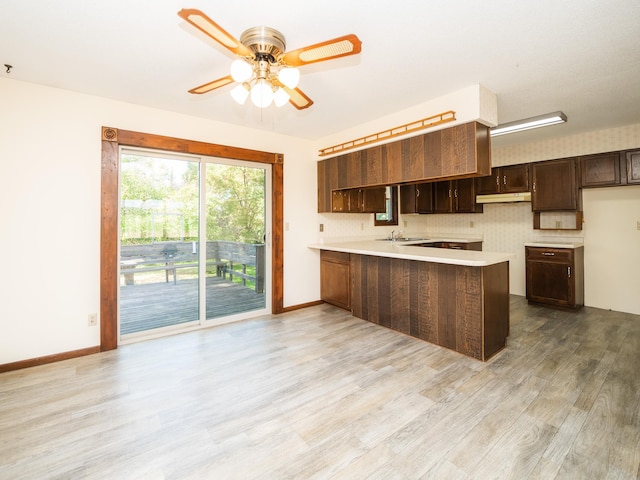 kitchen with dark brown cabinetry, kitchen peninsula, ceiling fan, and light hardwood / wood-style flooring