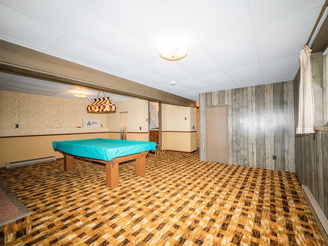 playroom with wooden walls, billiards, hardwood / wood-style floors, and baseboard heating