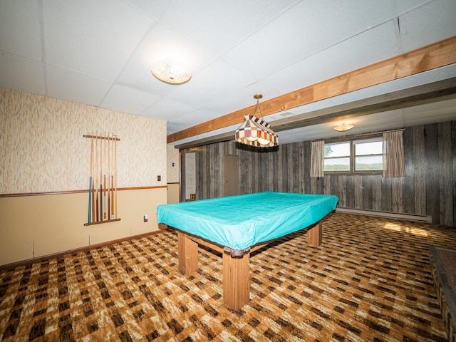 rec room with billiards and wood walls