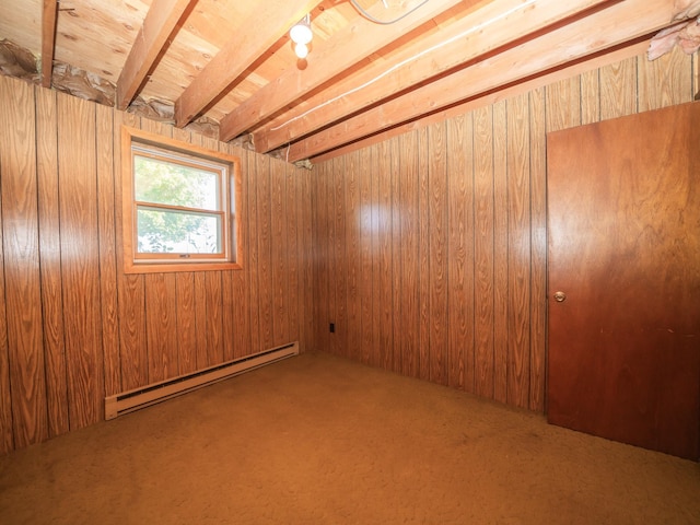 spare room with carpet floors, beamed ceiling, baseboard heating, and wooden walls