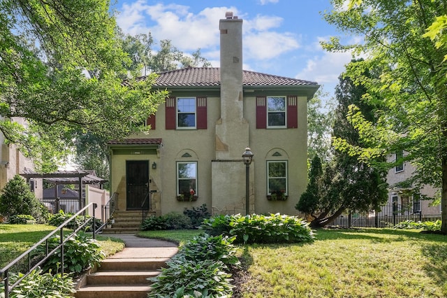4837 11th Ave S, Minneapolis, MN 55417 - view of front facade featuring a tile roof, stucco siding, a chimney, a pergola, and entry steps
