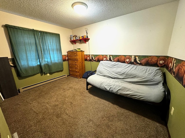 carpeted bedroom featuring a baseboard radiator and a textured ceiling