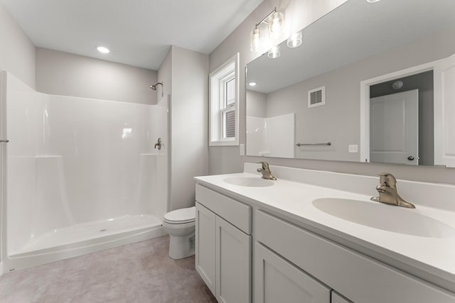 bathroom with vanity, toilet, and walk in shower