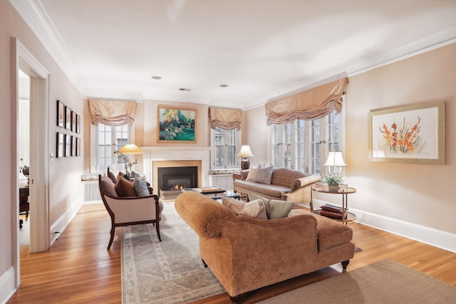 living room featuring light wood-type flooring, plenty of natural light, and ornamental molding