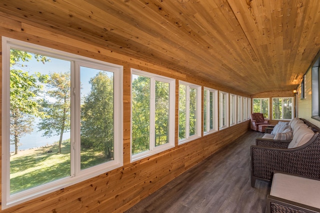 27734 Ridgewood Dr, Merrifield, MN 56465 - sunroom featuring wood walls, wooden ceiling, and wood finished floors