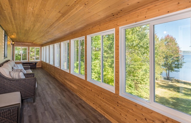 27734 Ridgewood Dr, Merrifield, MN 56465 - sunroom with wood walls, wood finished floors, wooden ceiling, vaulted ceiling, and a water view