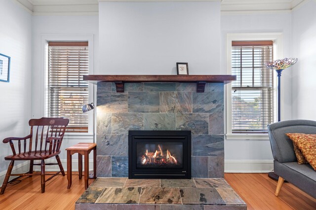 sitting room with hardwood / wood-style flooring, a fireplace, and a wealth of natural light