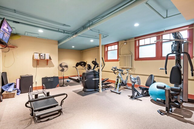 workout area featuring carpet