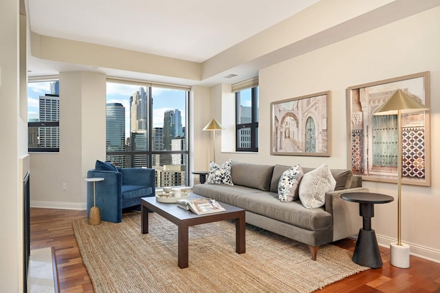 living room with hardwood / wood-style floors and a wealth of natural light