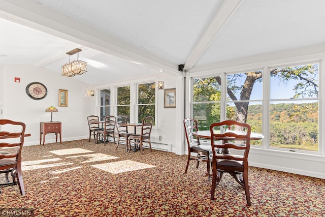 dining area with carpet floors, a baseboard radiator, lofted ceiling with beams, and a notable chandelier