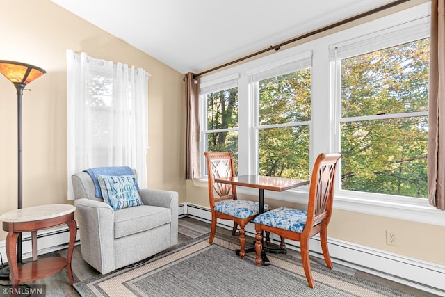 sunroom / solarium featuring lofted ceiling, baseboard heating, and a healthy amount of sunlight