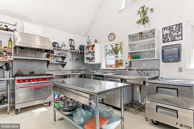 kitchen with high vaulted ceiling, luxury range, stainless steel counters, and ventilation hood