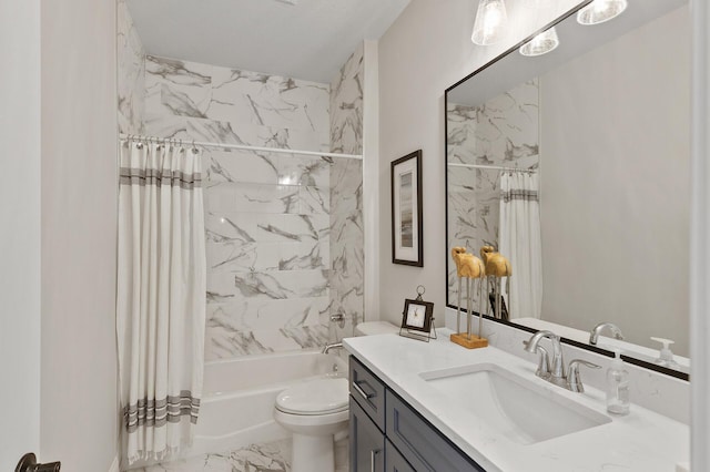 full bathroom featuring vanity, toilet, and shower / bathtub combination with curtain