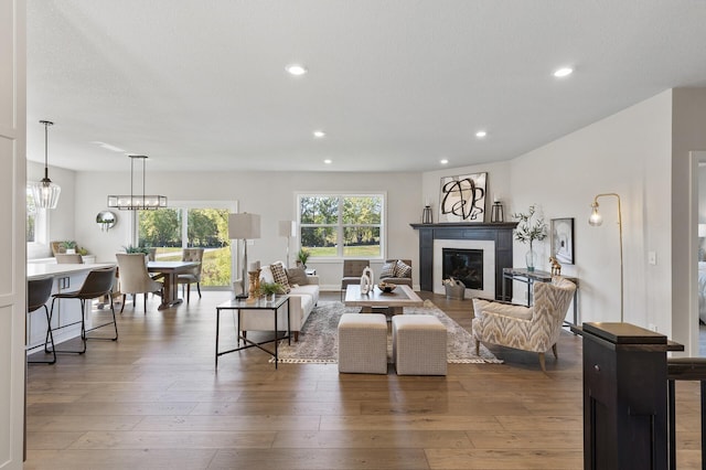 living room featuring a chandelier and dark hardwood / wood-style flooring