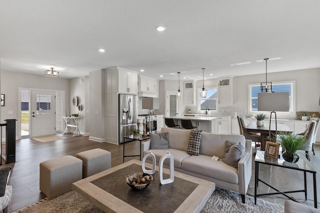 living room with dark wood-type flooring, a textured ceiling, a healthy amount of sunlight, and sink