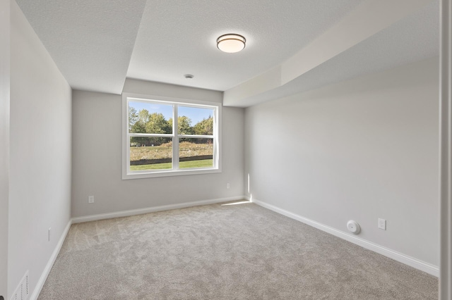 carpeted spare room with a textured ceiling