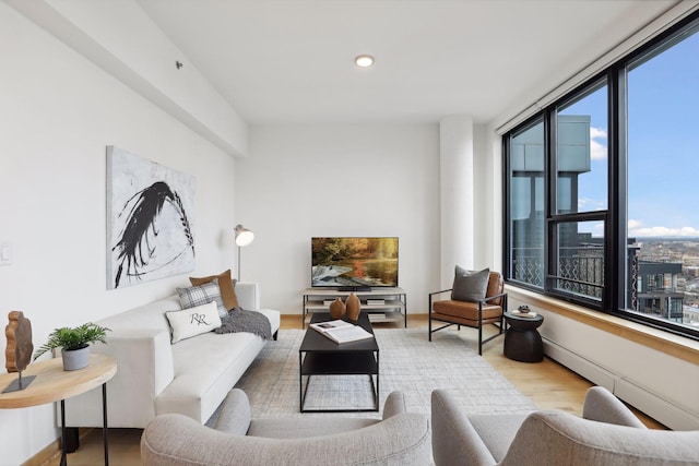 living room with plenty of natural light and light hardwood / wood-style flooring