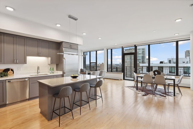 kitchen with light hardwood / wood-style floors, pendant lighting, stainless steel appliances, and sink