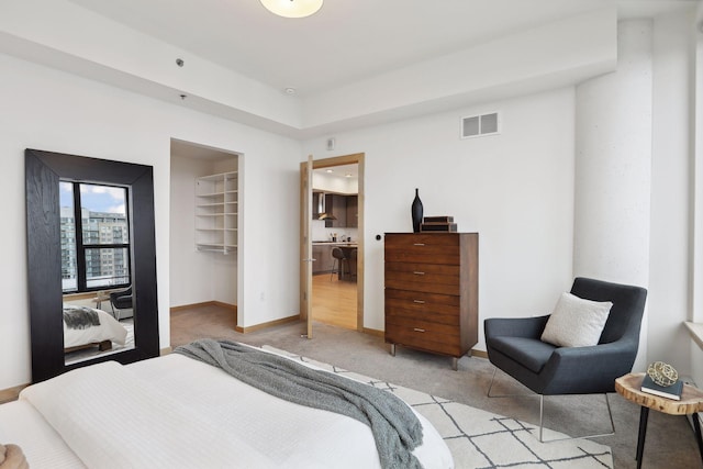 carpeted bedroom featuring a spacious closet and a closet