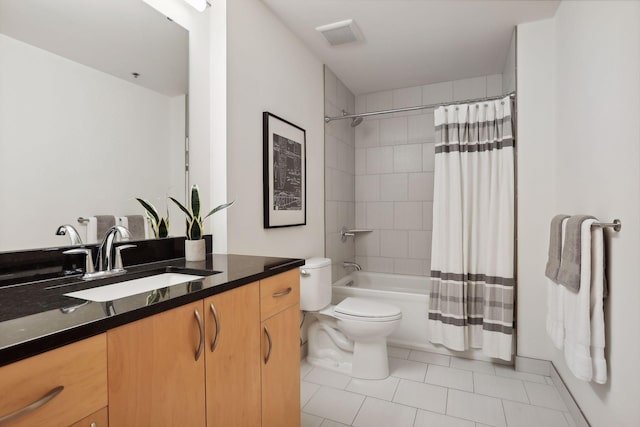 full bathroom with tile patterned flooring, vanity, toilet, and shower / tub combo with curtain