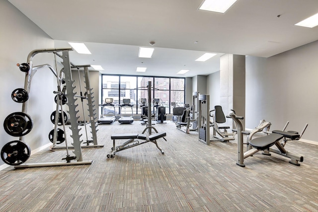 gym with light colored carpet and expansive windows