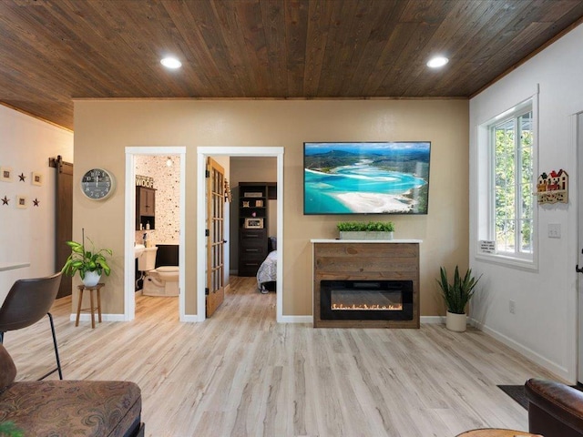 living room featuring light hardwood / wood-style flooring and wooden ceiling