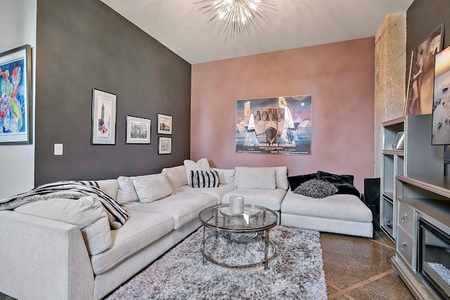 living room with a chandelier