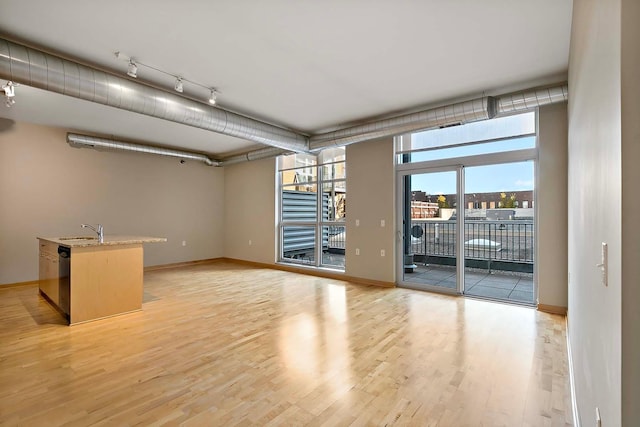 spare room with sink, light wood-type flooring, and a wall of windows