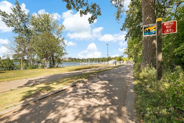 view of street with a water view