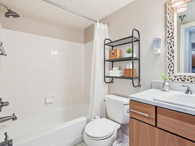 bathroom featuring a textured ceiling, shower / tub combo, vanity, and toilet