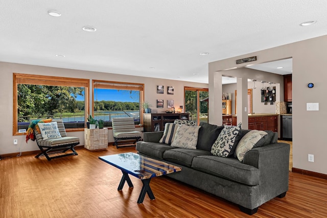 living room featuring a textured ceiling and hardwood / wood-style floors