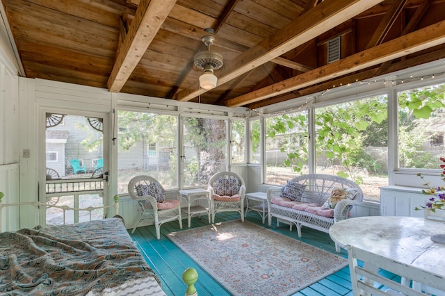 sunroom / solarium featuring wooden ceiling and vaulted ceiling with beams