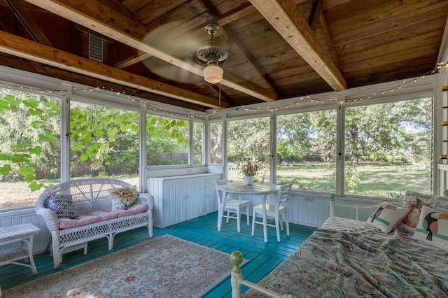 sunroom featuring a healthy amount of sunlight, vaulted ceiling with beams, and wood ceiling