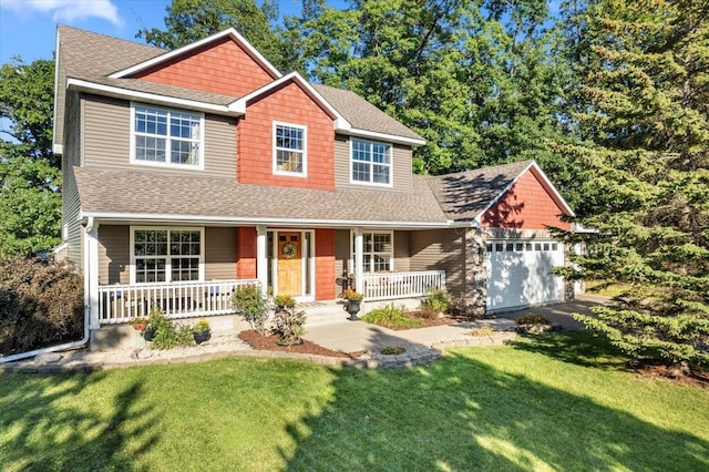 view of front of property featuring a garage, a front lawn, and a porch