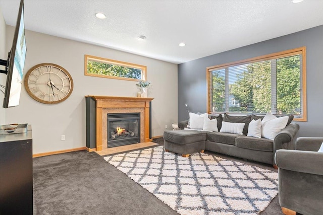 carpeted living room with a textured ceiling