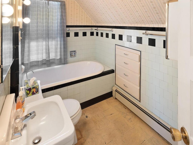 bathroom featuring toilet, sink, tile walls, and a baseboard radiator