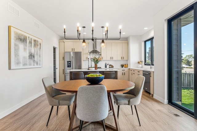 dining room featuring sink and light wood-type flooring