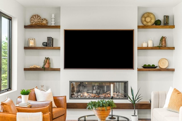 living room with hardwood / wood-style flooring, built in features, and a wealth of natural light