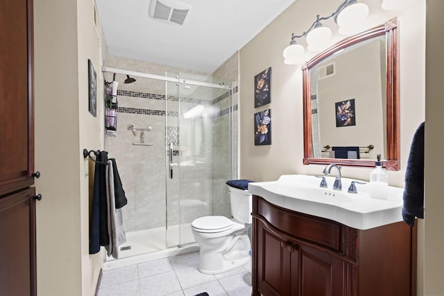 full bath featuring visible vents, a stall shower, toilet, and vanity