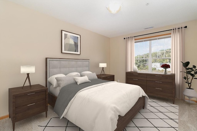 bedroom featuring light colored carpet